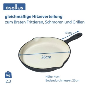 osoltus Gusseisenpfanne 26 cm, dunkelgrau mit heller Emaille. Gleichmäßige Hitzeverteilung zum Braten, Schmoren, Grillen.