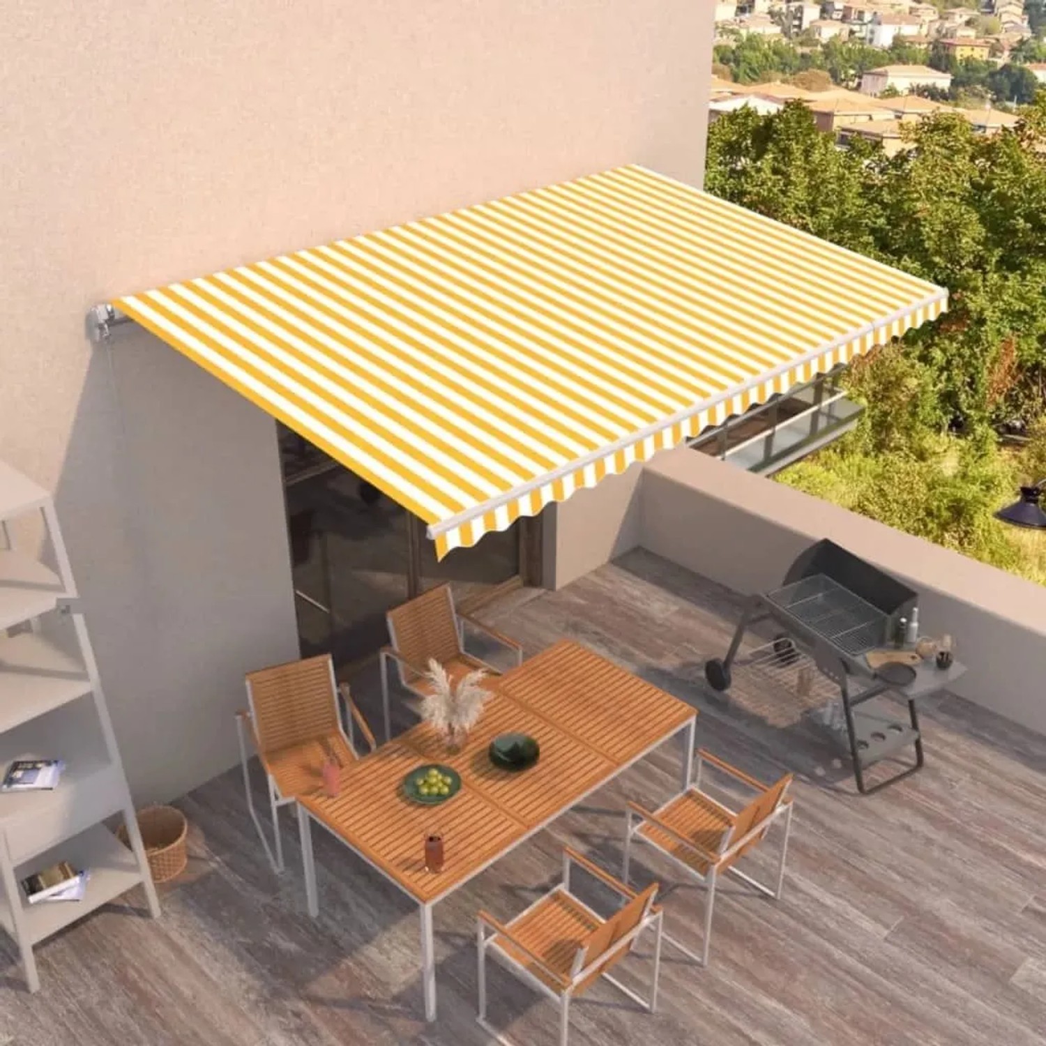 Manuell einziehbare Markise 500x300 cm in Gelb-Weiß gestreift, spendet Schatten auf Terrasse/Balkon.