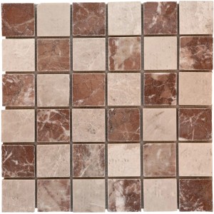 Mosaikmatte Naturstein Verona Rosso Crema, 30x30 cm, mit roten und beigen Natursteinfliesen.