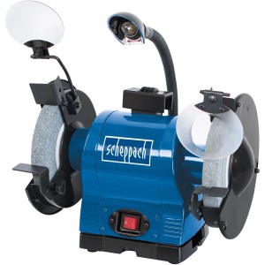 Scheppach Doppelschleifer BG 200: Blaue Schleifmaschine mit zwei Schleifscheiben und Lampe.