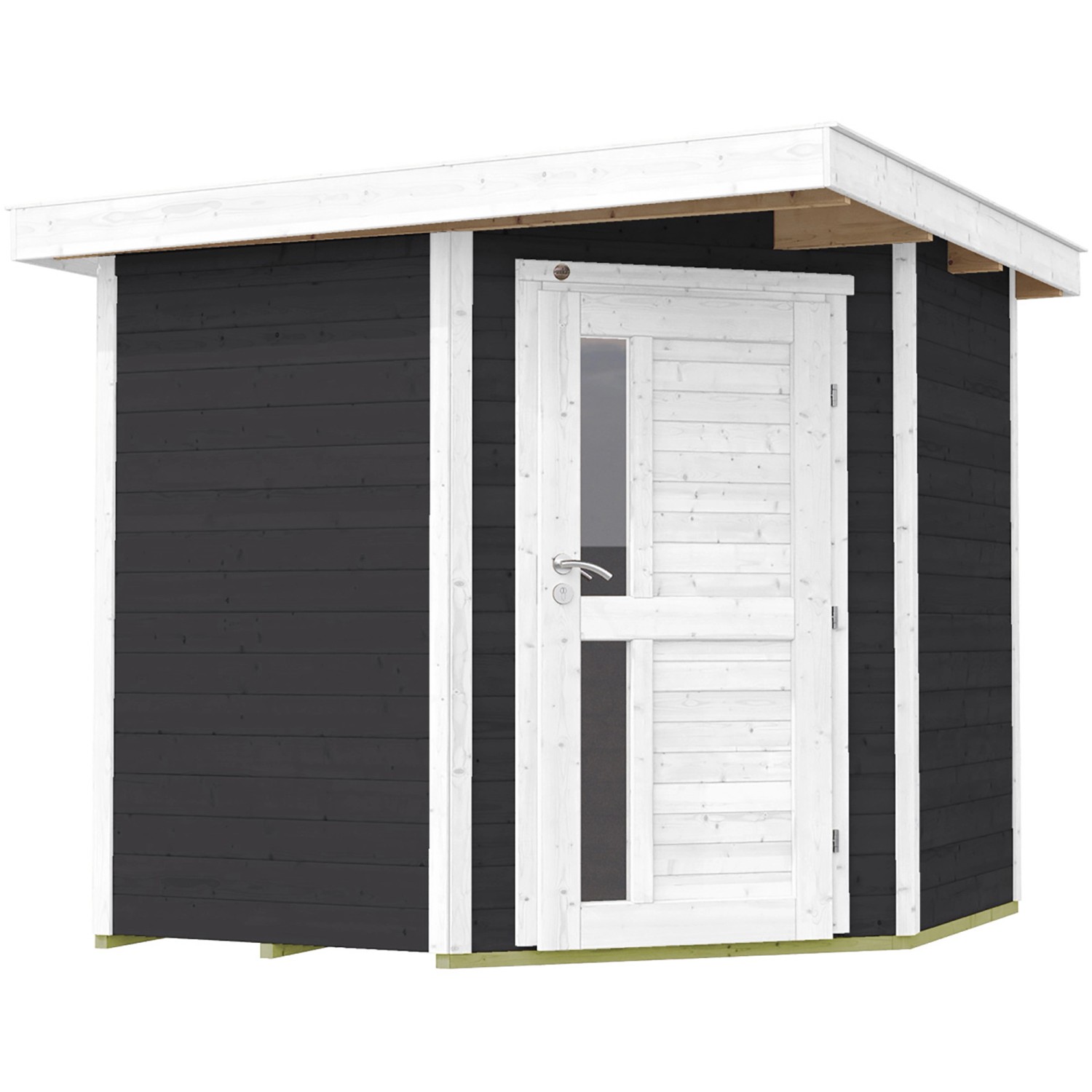 Modernes, anthrazitfarbenes Weka Holz-Gartenhaus mit Flachdach und weißer Tür.