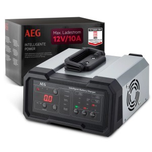 AEG Batterieladegerät CW10 für 6V/12V Batterien mit LED-Anzeige und Tragegriff.