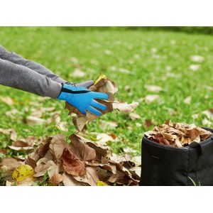Allwetterhandschuh Gr. 9 in Aktion: Hände sammeln Laub im Garten.