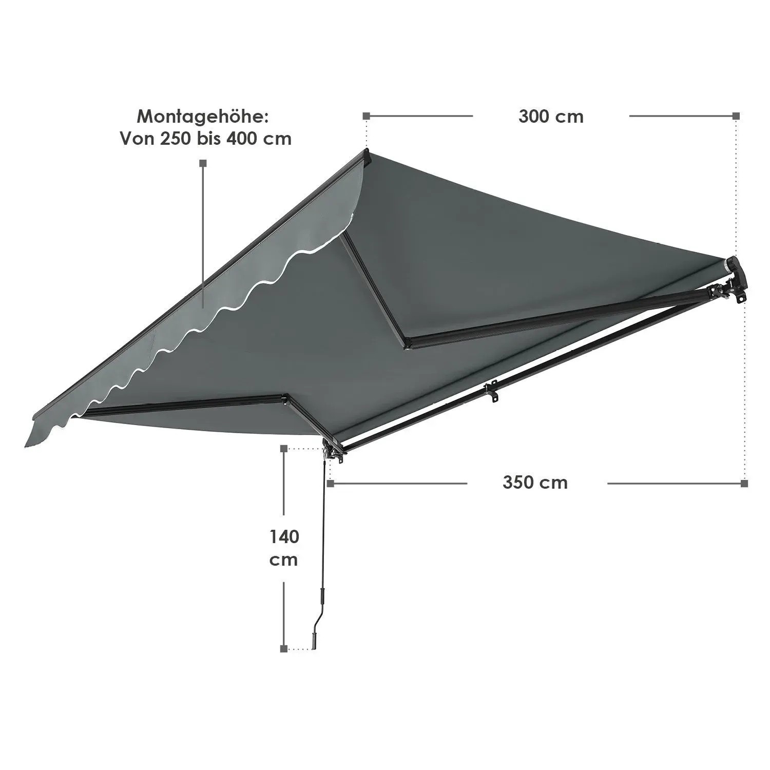 Graue Juskys Gelenkarmmarkise 350x300 cm mit Maßangaben für Montagehöhe, Ausladung und Breite.