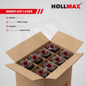 HOLLMAX Profi Stretchfolie schwarz, 8 Rollen im Karton. Reißfeste Wickelfolie für sicheren Transport & Lagerung.