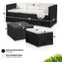 Schwarze Polyrattan Lounge „Punta Cana M“ mit creme Bezügen, bestehend aus Sofa, Tisch und Hocker. Gartenmöbel-Set.