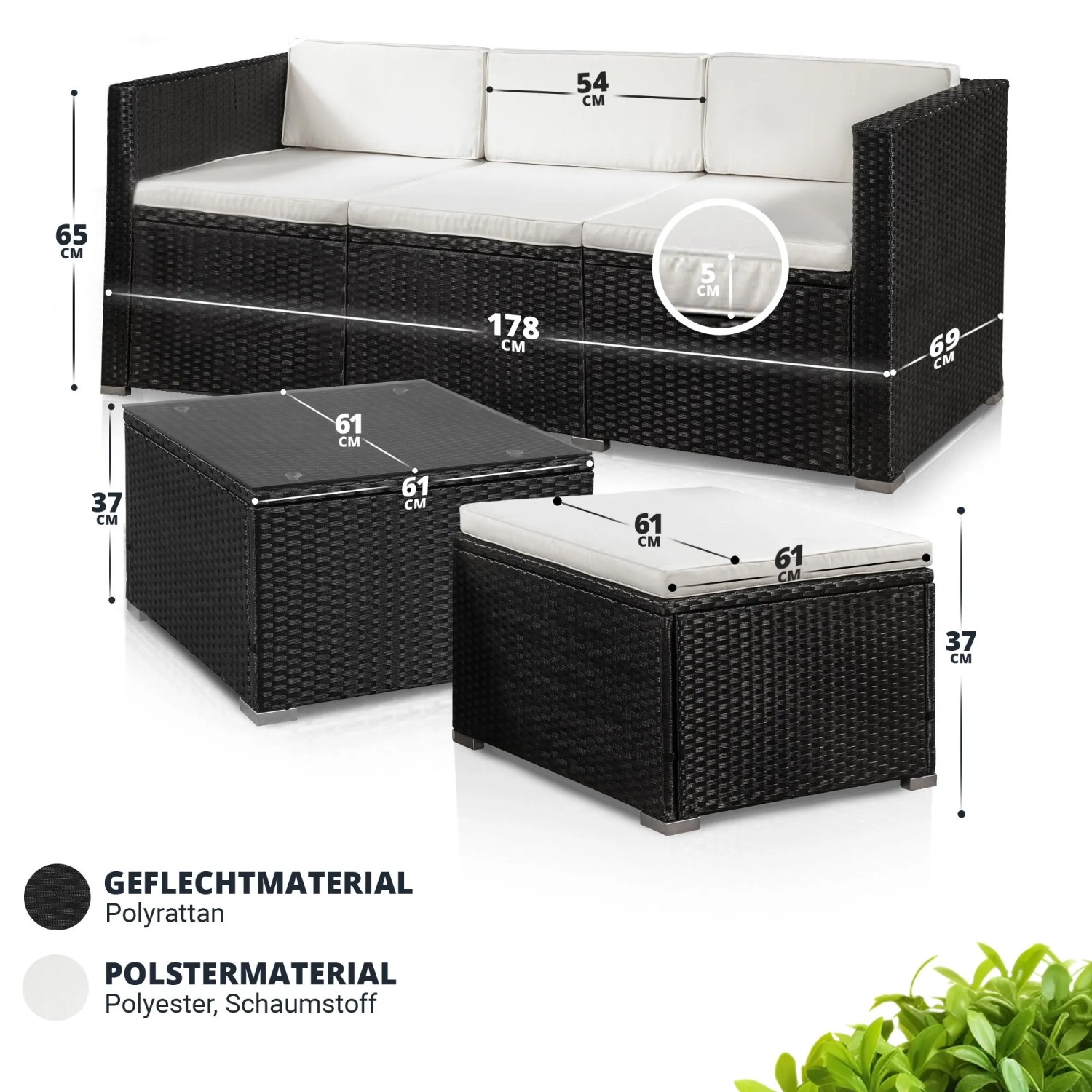 Schwarze Polyrattan Lounge „Punta Cana M“ mit creme Bezügen, bestehend aus Sofa, Tisch und Hocker. Gartenmöbel-Set.
