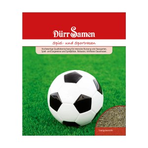 Dürr Samen Spiel- und Sportrasen Saatgut für strapazierfähigen Rasen mit Fußball im Bild.