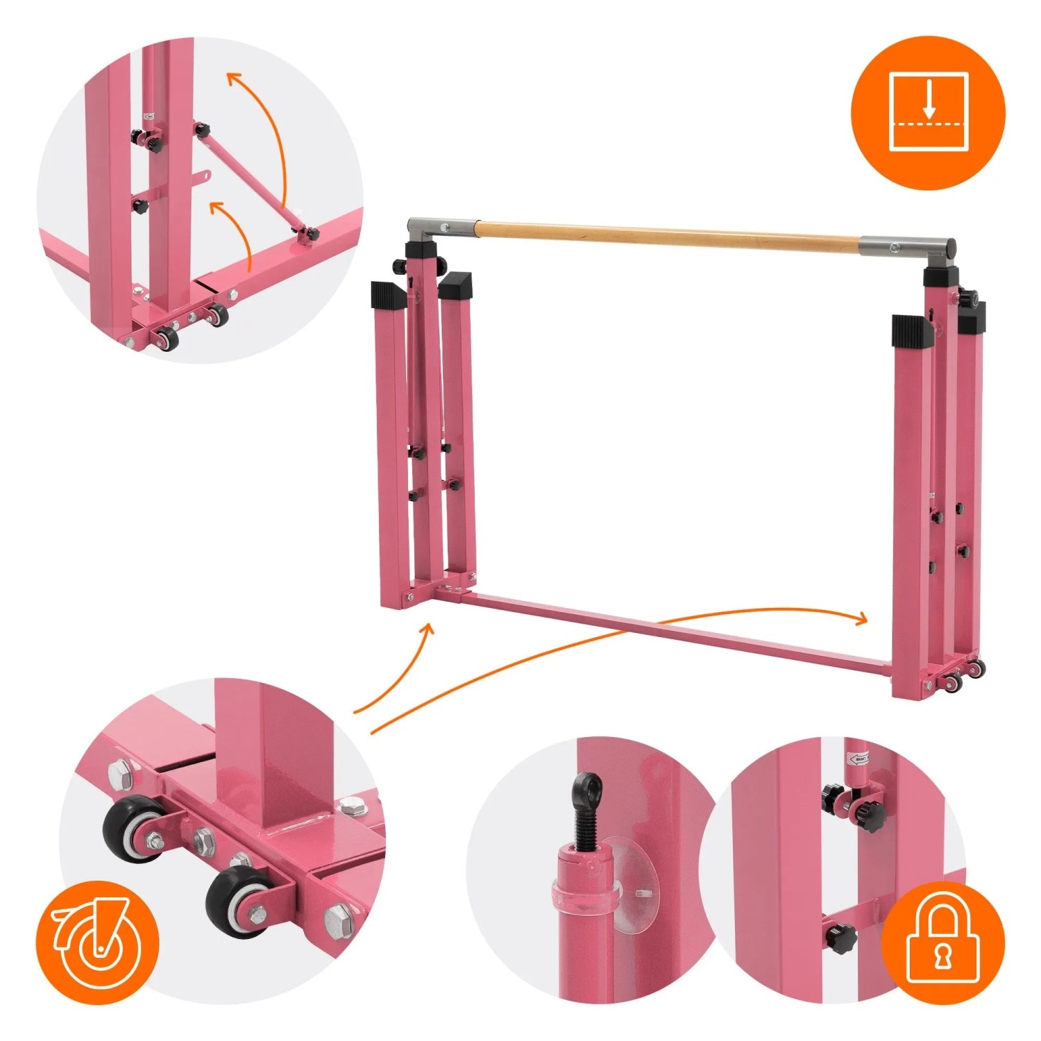 Pinkes, faltbares Gymnastik Turnreck mit höhenverstellbarer Holzstange. Ideal für Sport & Fitnessgeräte.