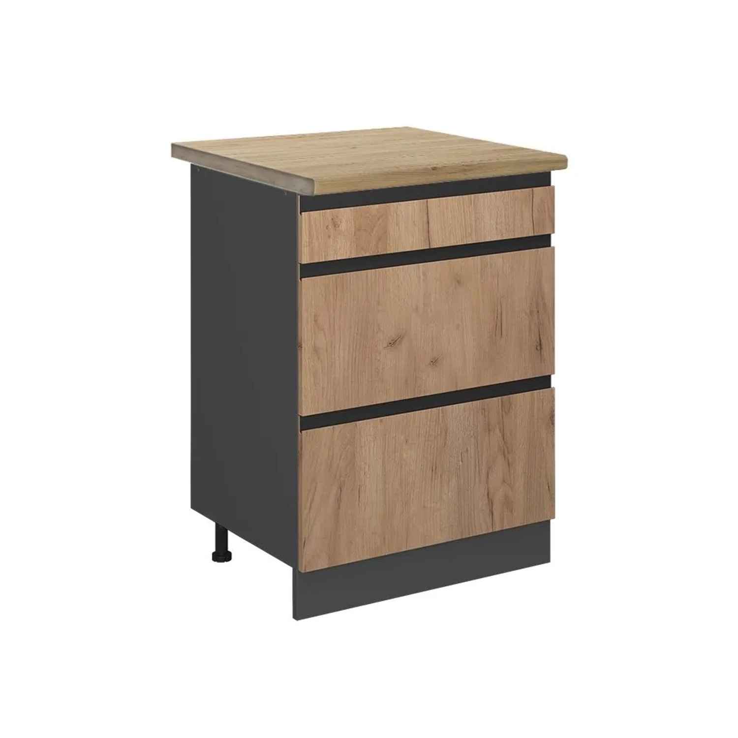 Vicco Küchenunterschrank R-Line Goldkraft Eiche Anthrazit 60 cm mit Schubladen J-Shape AP Eiche mit Anthrazit Korpus