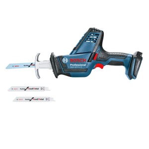 Bosch Professional Akku-Säbelsäge GSA 18 V-LI C Solo mit 4 Sägeblättern für Holz und Metall.