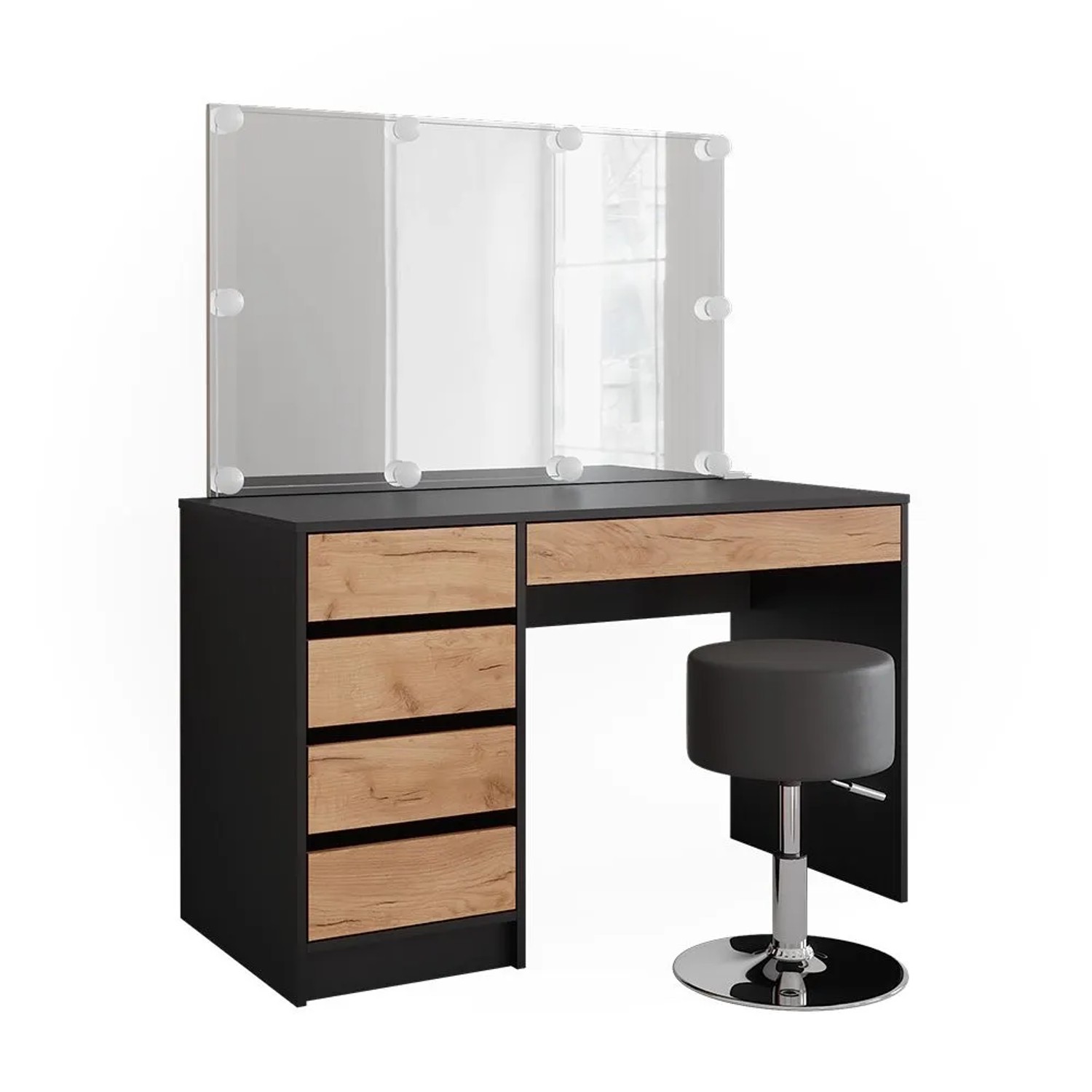 Vicco Schminktisch Sherry Anthrazit/Goldkraft Eiche 120 x 145 mit Spiegel, LED-Lichterkette und Hocker