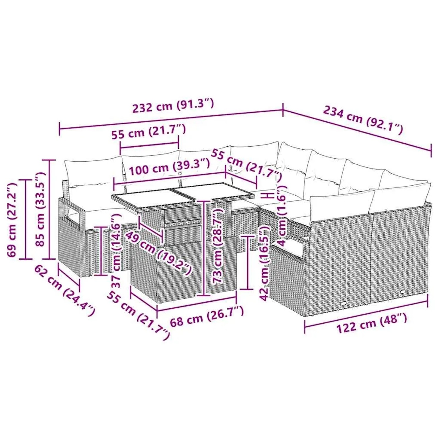 vidaXL 9-teiliges Garten-Sofa-Set aus Poly Rattan in Schwarz mit Maßen.