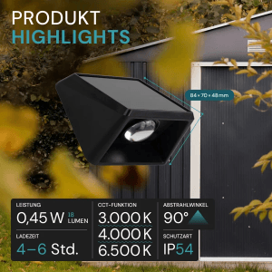 LUXULA Solar Wandleuchte 1-flammig CCT Warm- Kaltweiß 3000-6500K Akku LED Außenleuchte Gartenbeleuchtung IP54 Wetterfest Schwarz