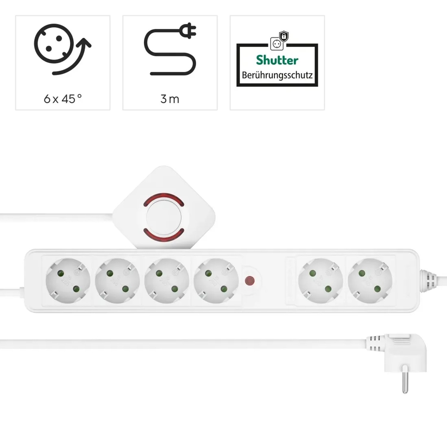 Weiße 6-fach Steckdosenleiste mit Fußschalter und 3 m Kabel. Ideal für Büro und Zuhause.