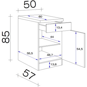 Technische Zeichnung: Flex-Well Unterschrank Lucca 50 cm mit Maßen, Küchenunterschrank mit Schublade und Tür.