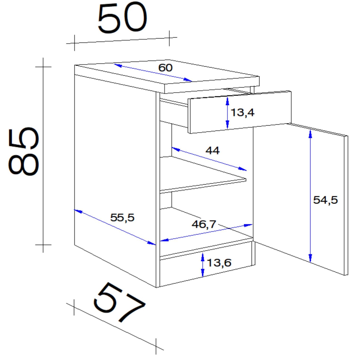 Technische Zeichnung: Flex-Well Unterschrank Lucca 50 cm mit Maßen, Küchenunterschrank mit Schublade und Tür.