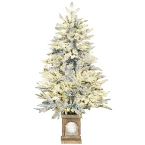 Grüner HOMCOM Weihnachtsbaum 120 cm, beschneit, mit integrierten warmweißen Lichtern und rustikalem Laternen-Standfuß.