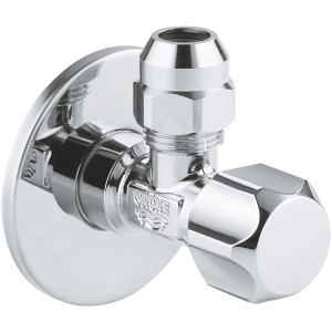 Grohe Eckventil Chrom, 1/2 x 3/8 Zoll, mit ergonomischem Griff und Rosette.