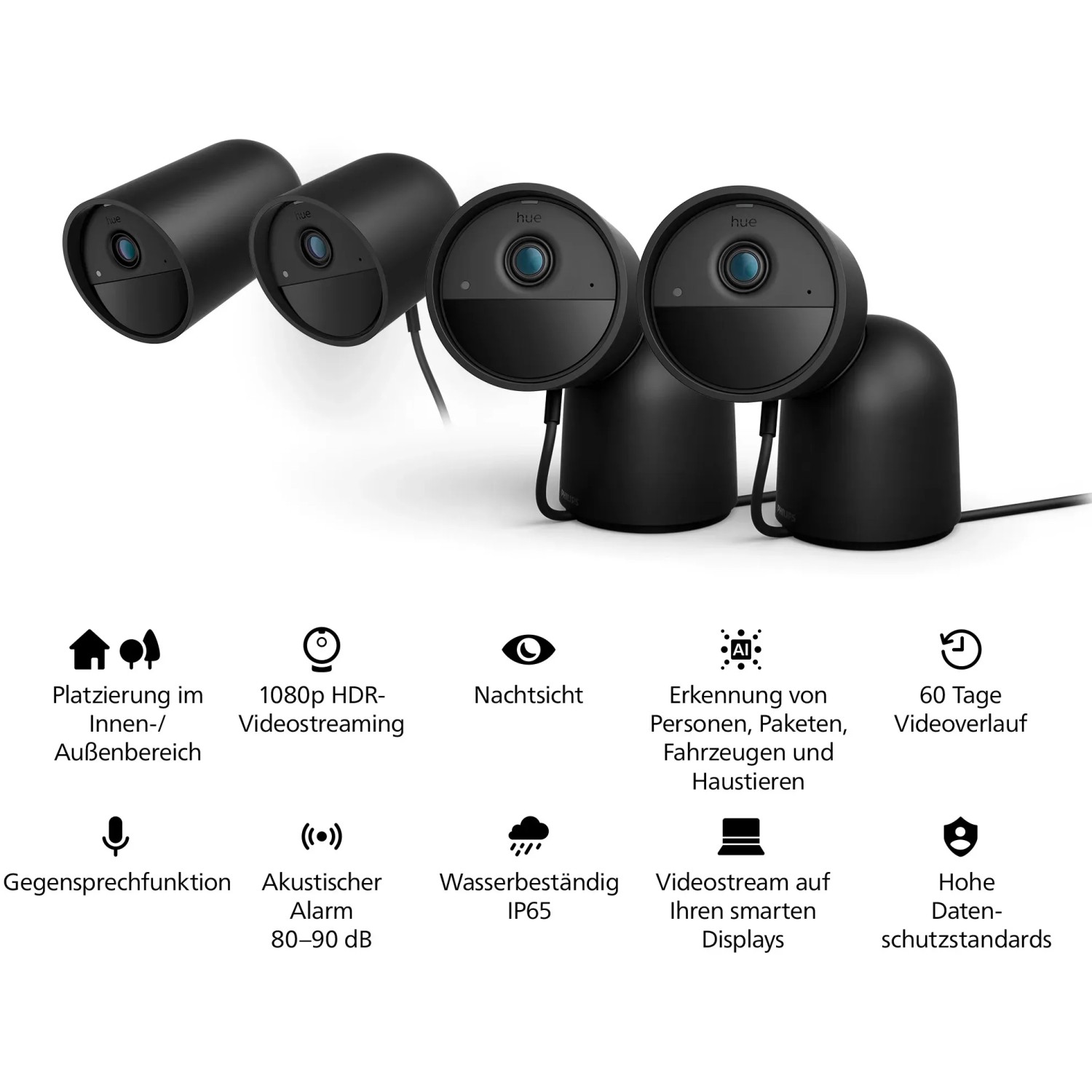 Mehrere schwarze Philips Hue Secure Kameras mit Standfuß für Innen und Außen.
