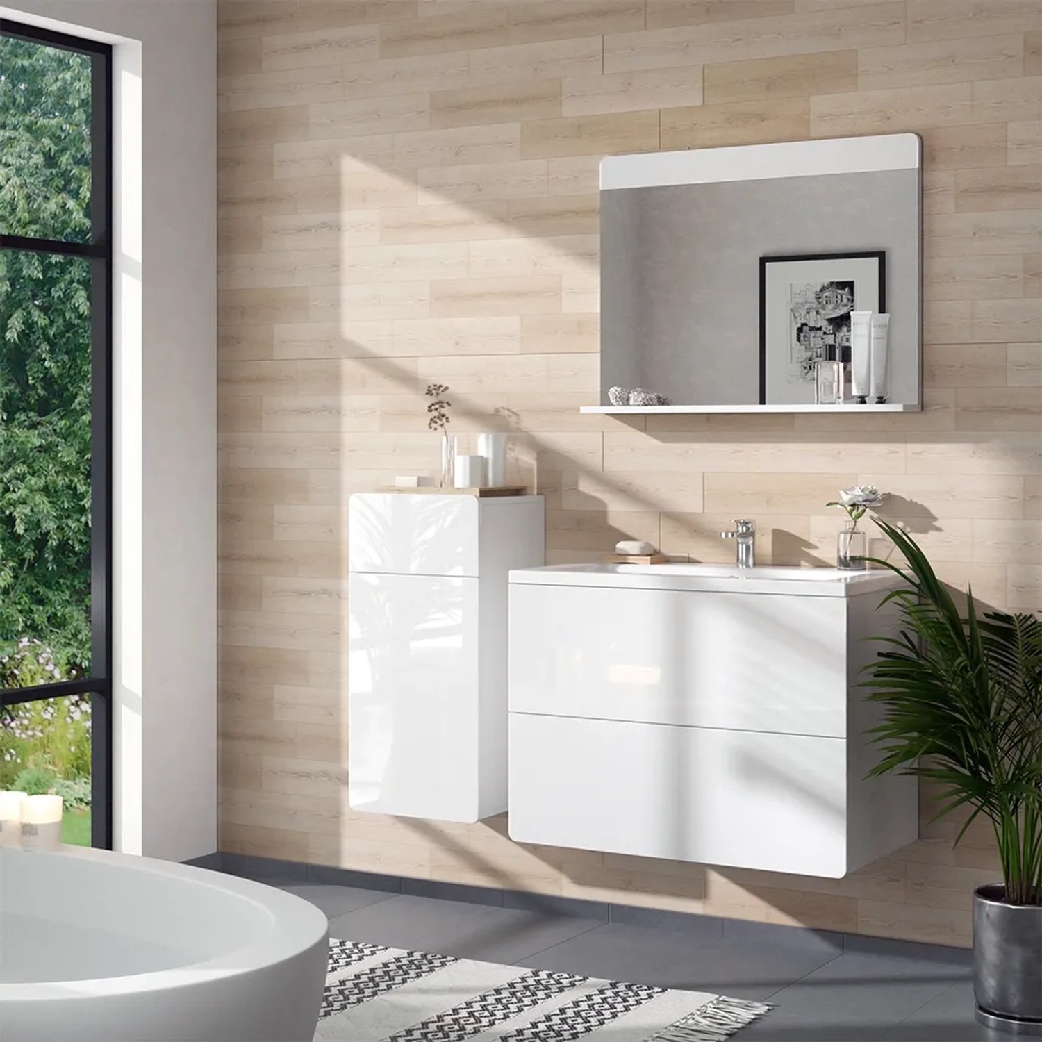Weißer Vicco Midischrank Izan (37x77 cm) mit Schublade und Tür im modernen Badezimmer.