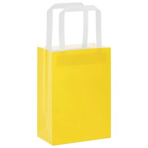 Gelbe Papiertragetasche mit weißen Henkeln. Ideal für Geschenke, Partys oder Einkäufe.