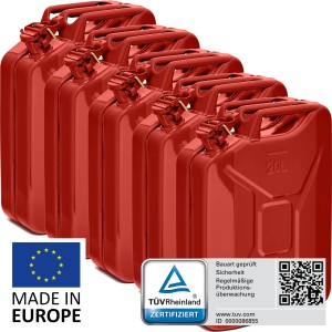 Fünf rote 20L Metall Kraftstoffkanister, TÜV-geprüft, für Benzin, Diesel & E10. Pannenhilfe & Erste Hilfe.
