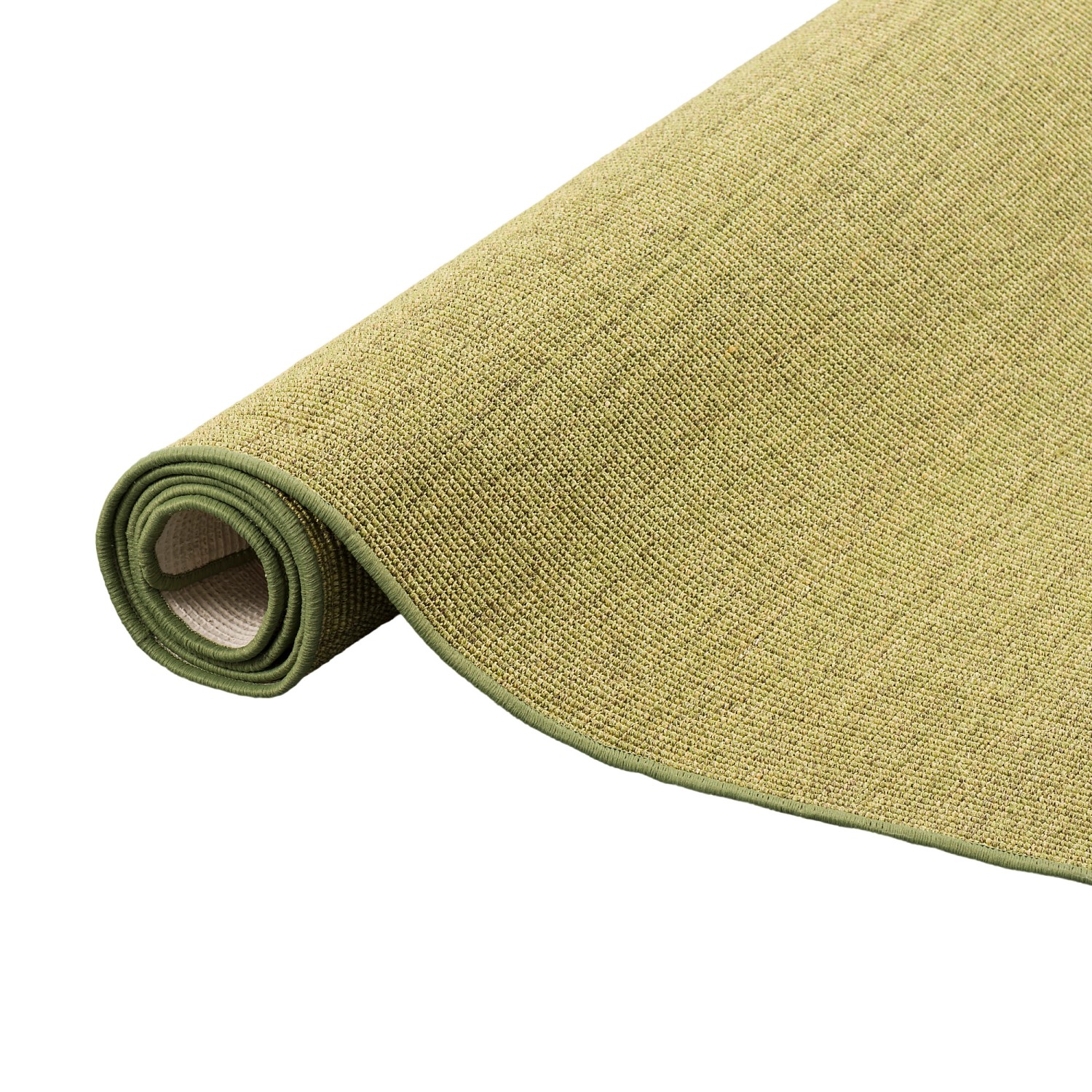 Gerollter, grüner Sisalteppich (200x300 cm) von Snapstyle. Klassischer Naturteppich für Wohnräume.