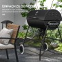Schwarzer Outsunny Holzkohlegrill mit Deckel, Thermometer und Rädern im Garten.