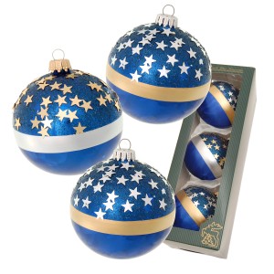 3 blaue Weihnachtskugeln mit Sternen und goldenen/silbernen Streifen, 8cm, von Krebs Glas Lauscha.
