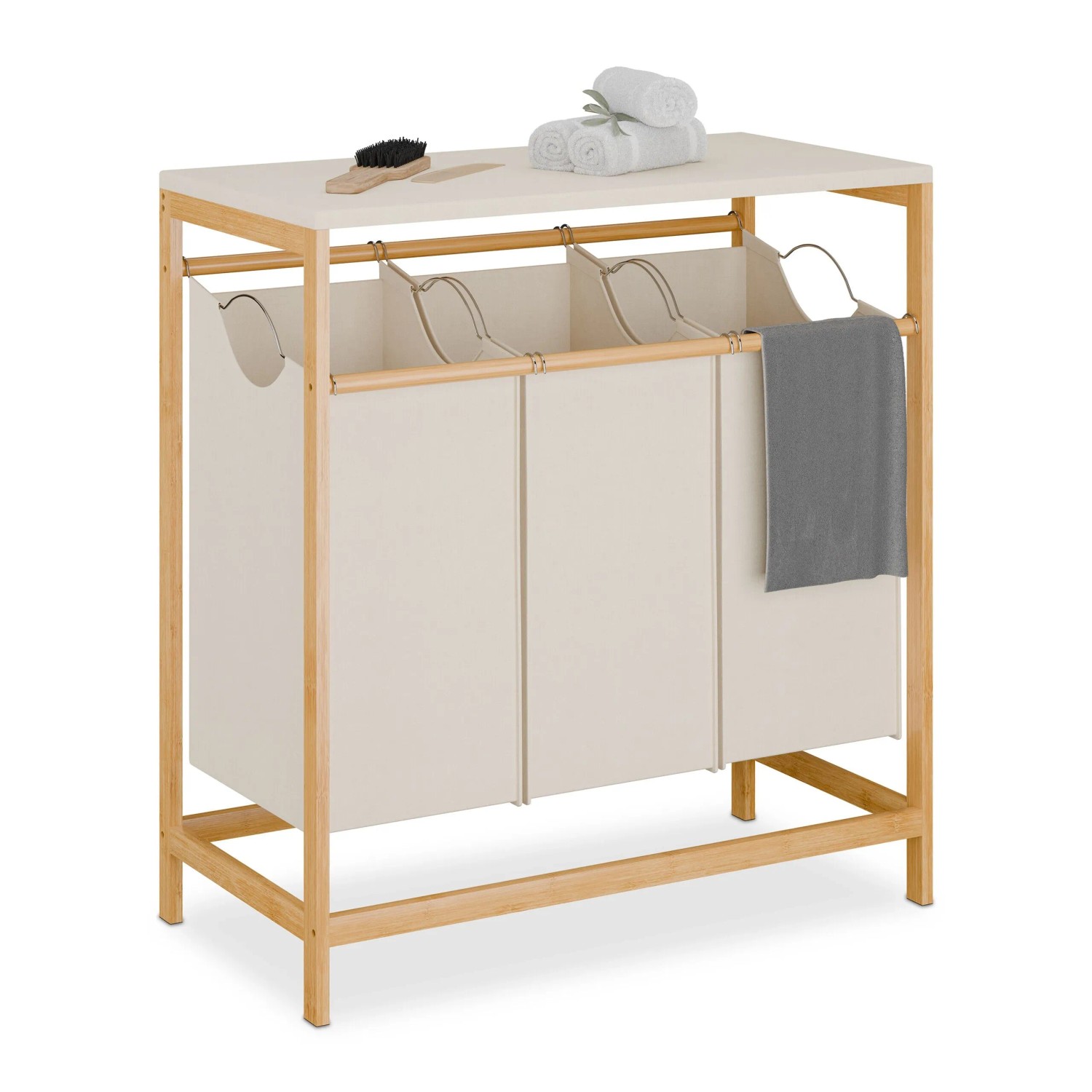 Relaxdays Wäschesammler Bambus Natur Creme Klappbar 84,5 cm x 78,5 cm x 40 cm