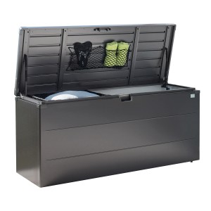 Geöffnete Biohort Stylebox 140 in Dunkelgrau-Metallic, Universalbox für Garten, Terrasse oder Balkon.