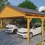 Skan Holz Carport Fichtelberg, Doppelcarport aus Fichte mit Dachlattung in Eiche Hell für zwei PKW.