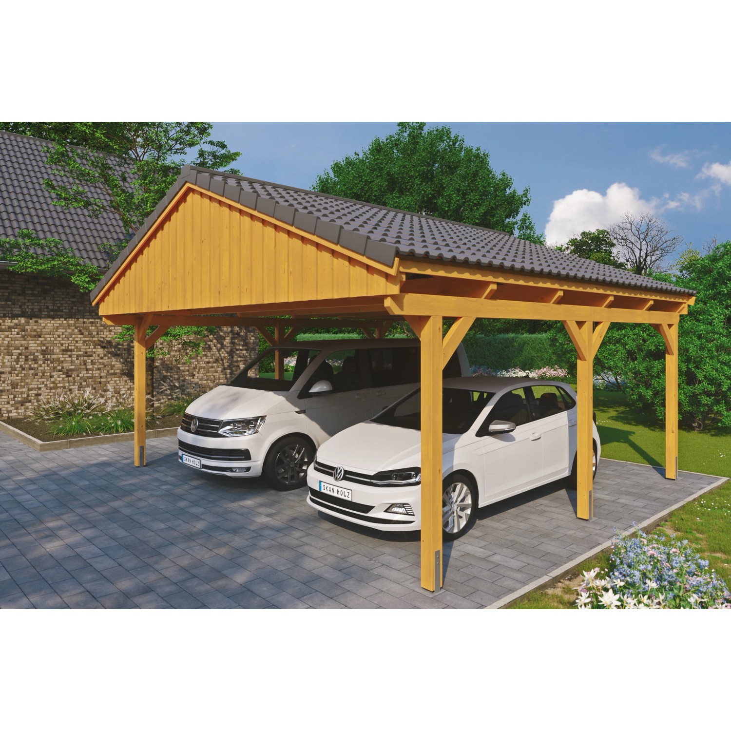 Skan Holz Carport Fichtelberg 618 cm x 566 cm Dachlattung Eiche Hell