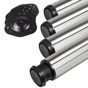 4 SOTECH Tischbeine aus gebürstetem Edelstahl, höhenverstellbar, mit schwarzen Montageplatten und Bodengleitern.