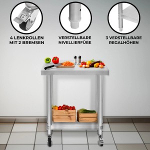 Monstershop Edelstahl Arbeitstisch 60x30x80cm mit Rollen und verstellbarem Regal.