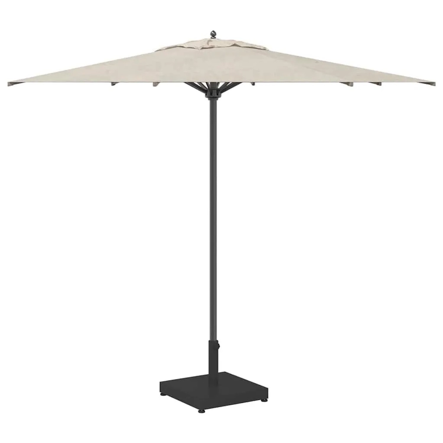 Dunkelgrauer quadratischer Sonnenschirmständer aus Stahl, hält einen beigen Sonnenschirm. Ideal für Garten und Terrasse.