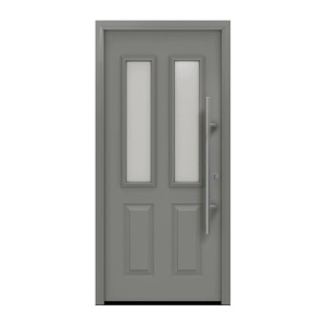 Graue EcoStar Haustür Isopro Secur IPS 410S mit zwei satinierten Glaseinsätzen und Edelstahlgriff.