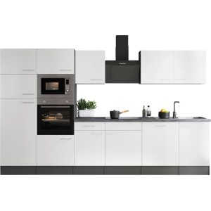 Respekta Küchenzeile Oliver 340 cm Weiß mit E-Geräten und Spüle.