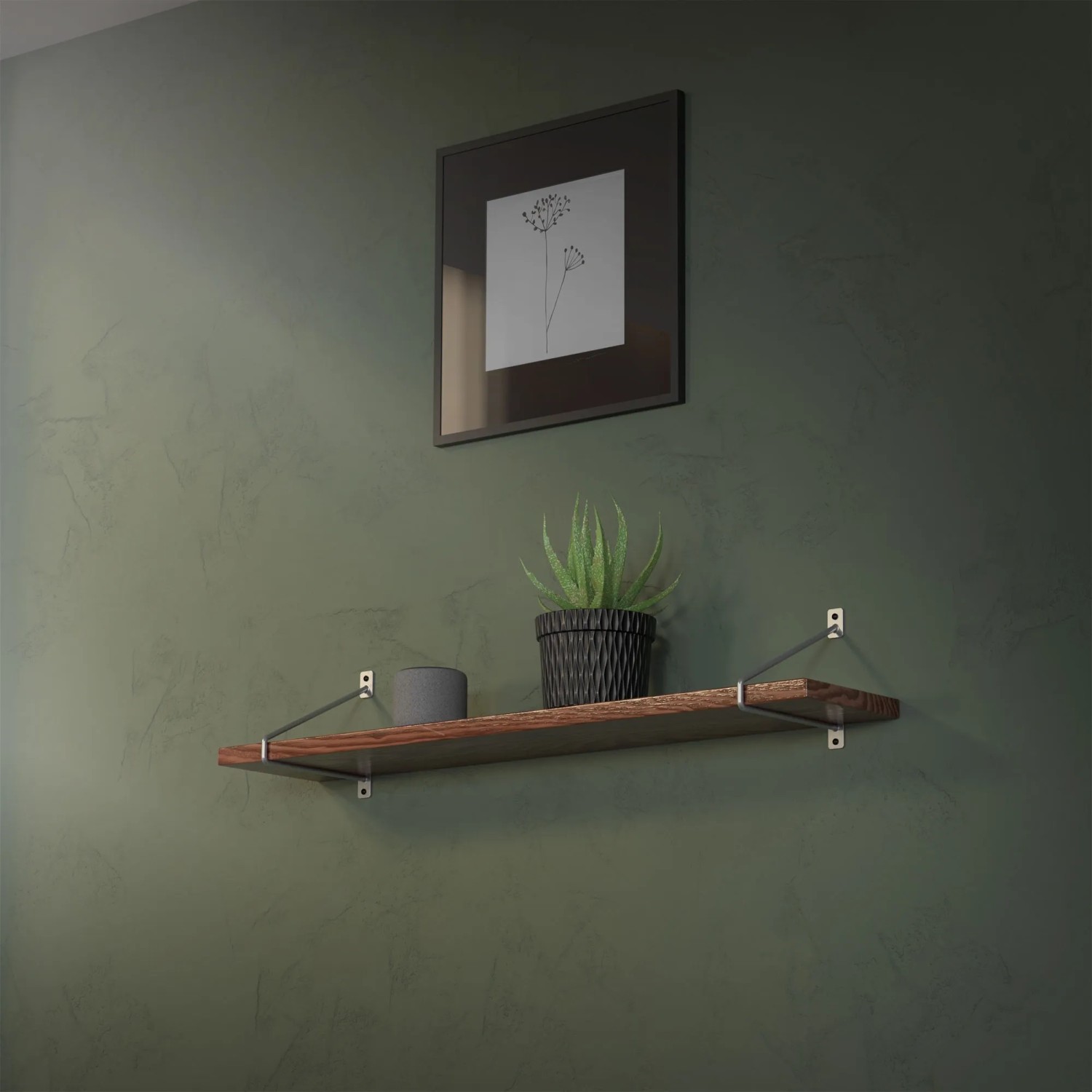 Regal mit silbernen ML-Design Haarnadel-Regalhalterungen (4er-Set) an grüner Wand.
