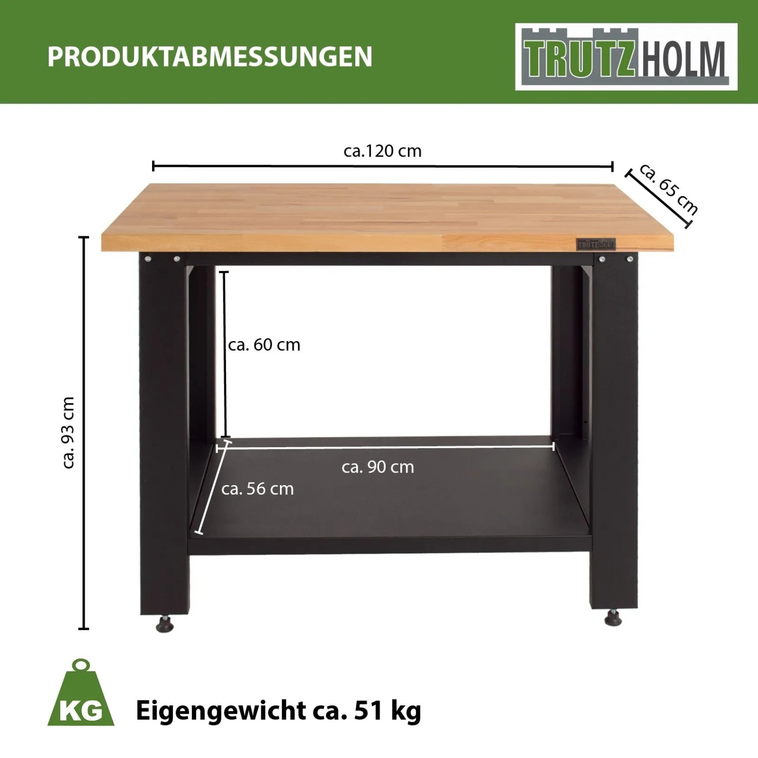 TRUTZHOLM Werkbank Profiline XL mit Holzplatte und Stahlgestell, Maße ca. 120x65x93cm.