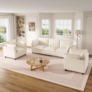 Beiges modulares Chenille Sofa Set: 3-Sitzer und 2 Sessel. Weiches, komfortables Wohnzimmer-Sofaset.