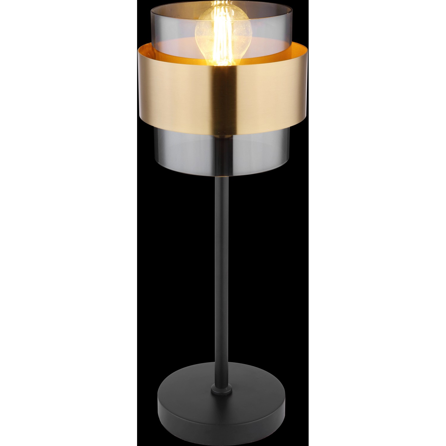 Globo Tischleuchte Milley, schwarz matt, mit Glas-Schirm und Messingring. Design-Tischlampe für Wohnräume.