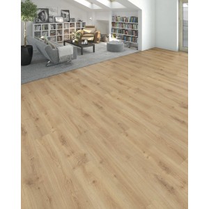 Verlegtes Laminat Living by Haro 7 mm Eiche Olbia im Wohnraum mit natürlicher Holzoptik.