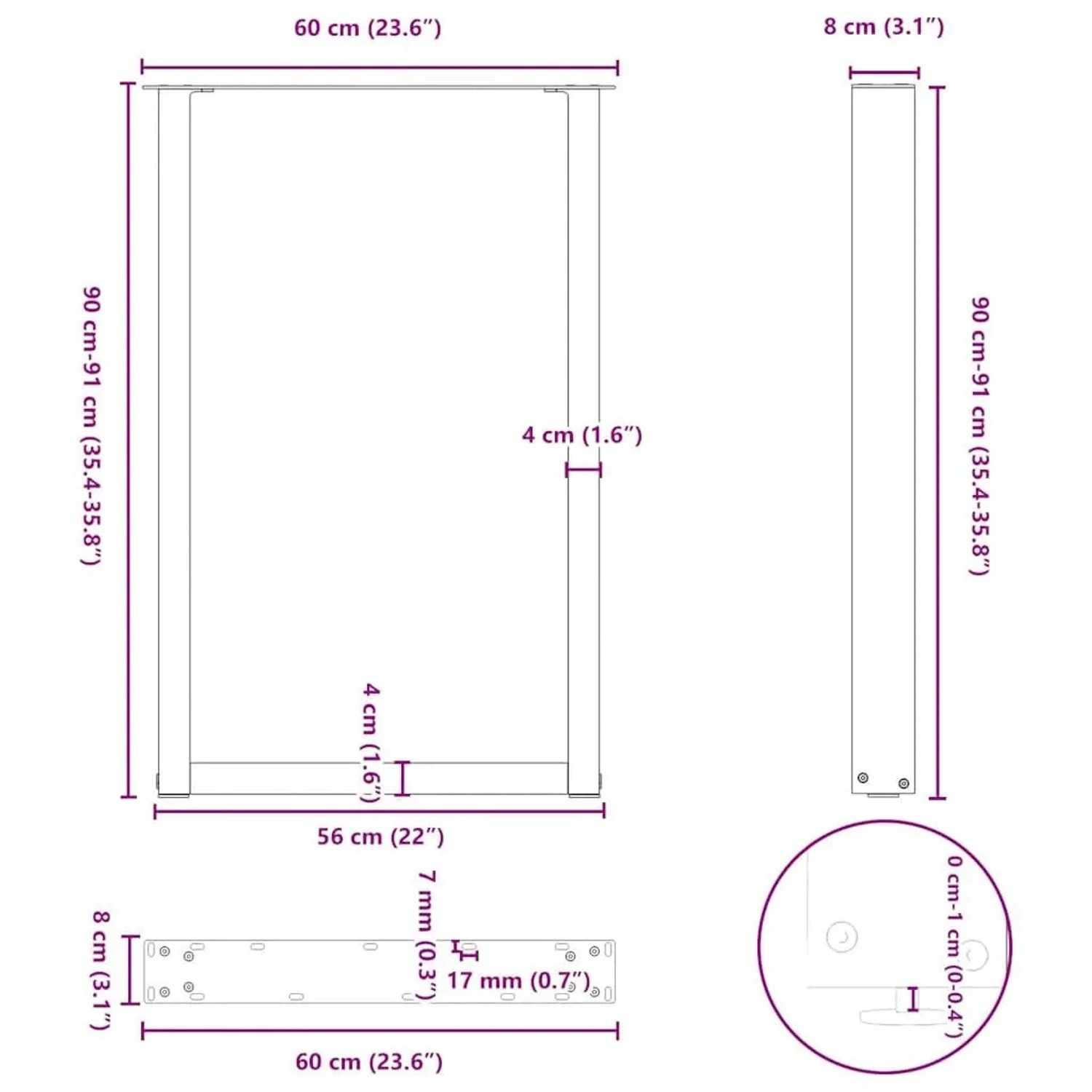 vidaXL Bartischbeine U-Form, 2 Stk., schwarz, Stahl, Maße: 60x90-91 cm.