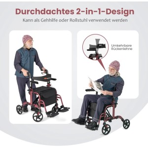Costway Rollator Faltbar & Leicht Gehhilfe 6-Fach Höhenverstellbar Rot