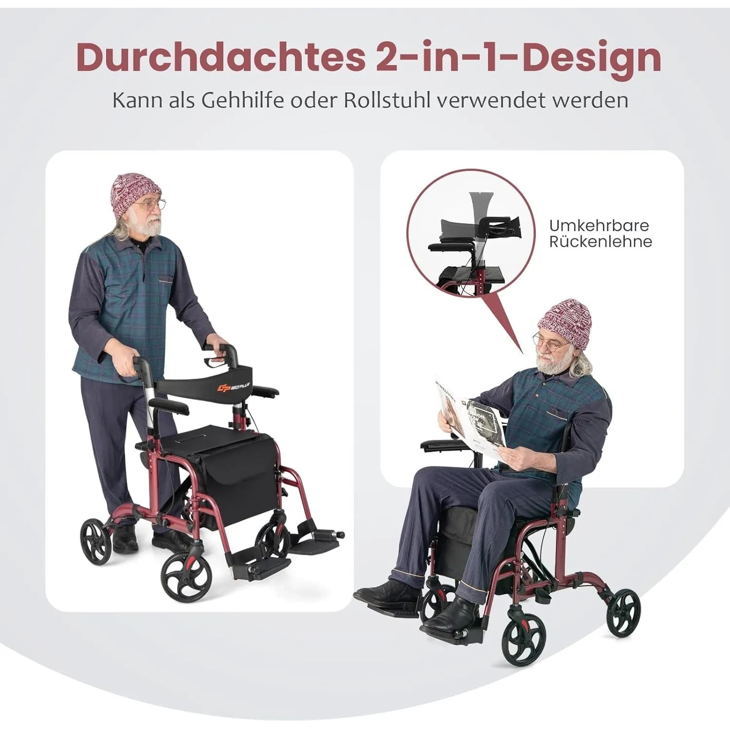 Costway Rollator Faltbar & Leicht Gehhilfe 6-Fach Höhenverstellbar Rot_2