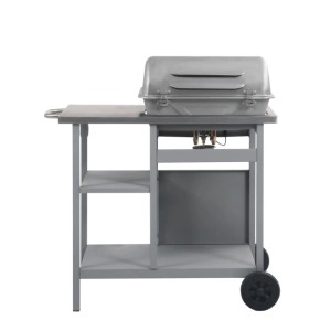 vidaXL Gasgrill mit Beistelltisch, 3 Ebenen, silbern. Grillwagen mit Ablageflächen und Rädern.