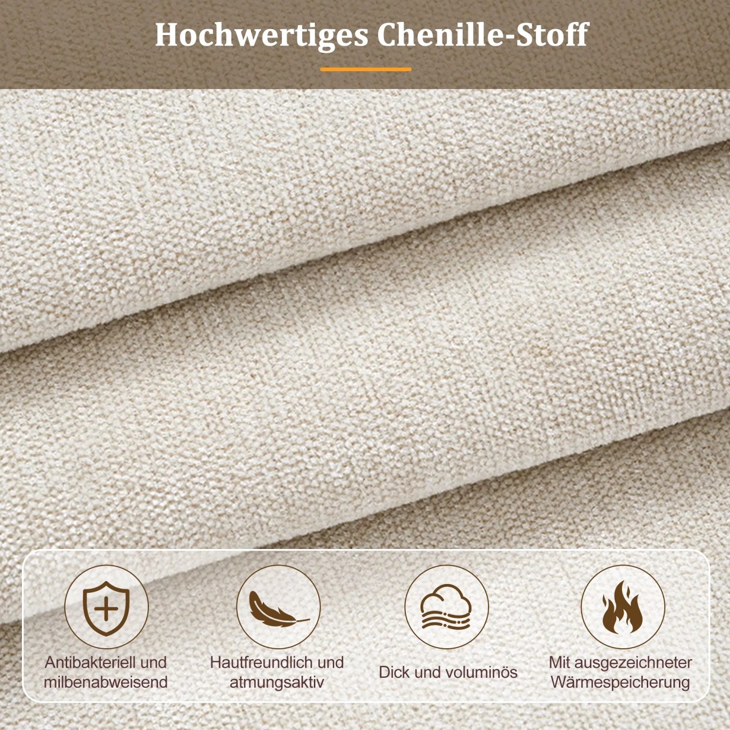 Nahaufnahme von beigem Chenille-Stoff für Polsterbetten. Antibakteriell, atmungsaktiv, dick und wärmespeichernd.
