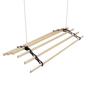 Schwarzer Monstershop Deckentrockner aus Holz mit 6 Latten und Flaschenzugsystem.